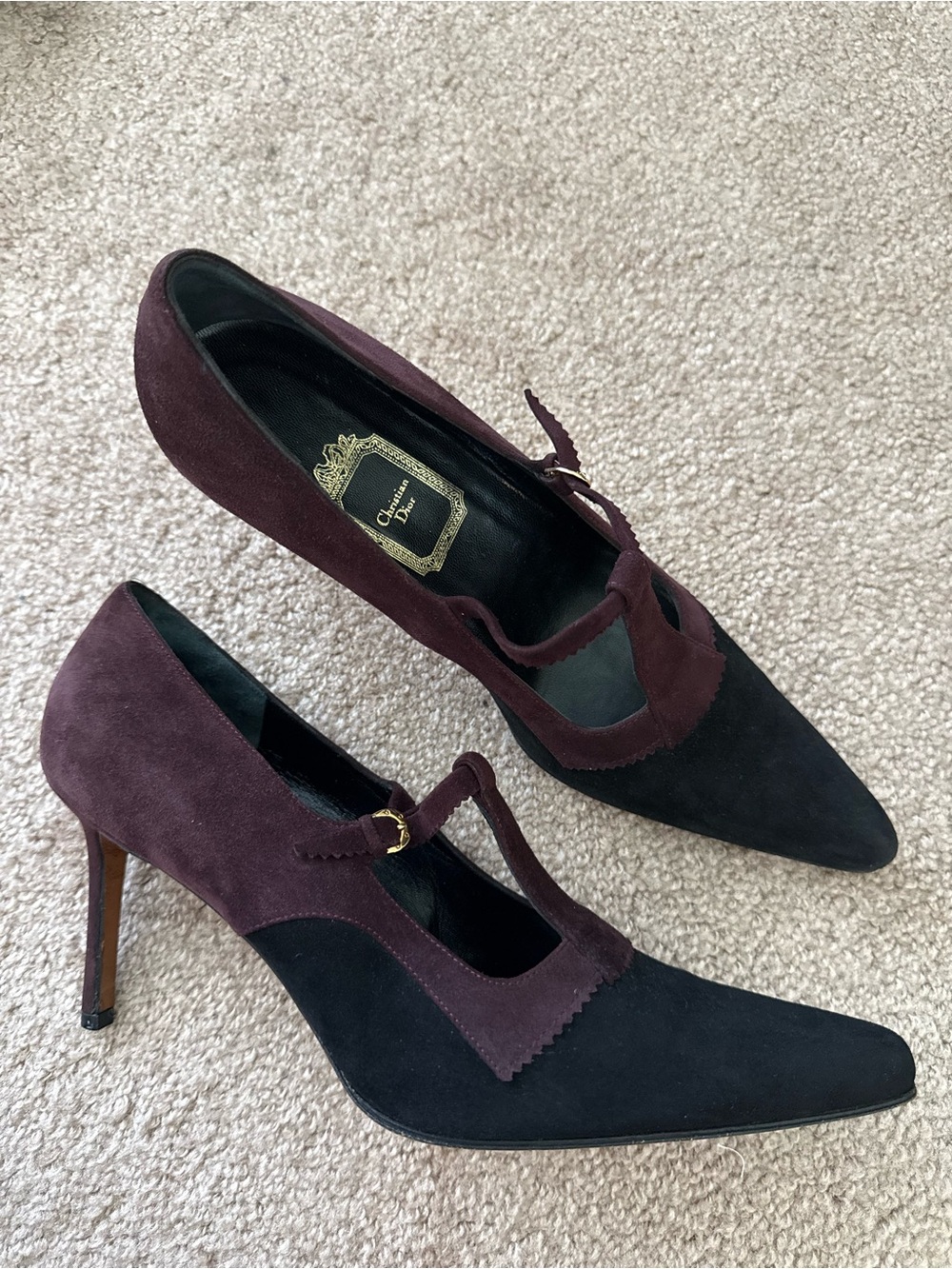Vintage Dior Burgundy and Black Suede T-Strap Mary Jane Pumps Pointed Toe